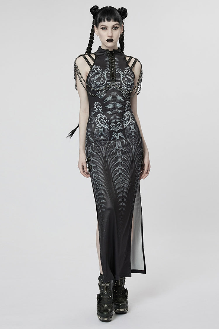 Black Print Lace-Up Side Slit Women's Gothic Dress with Chain