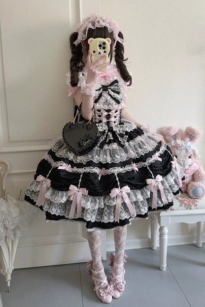 Black/Pink [Silk Satin Gift Box] Square Collar Sleeveless Multi-Layered Ruffled Bow Lace Sweet Lolita Jsk Dress