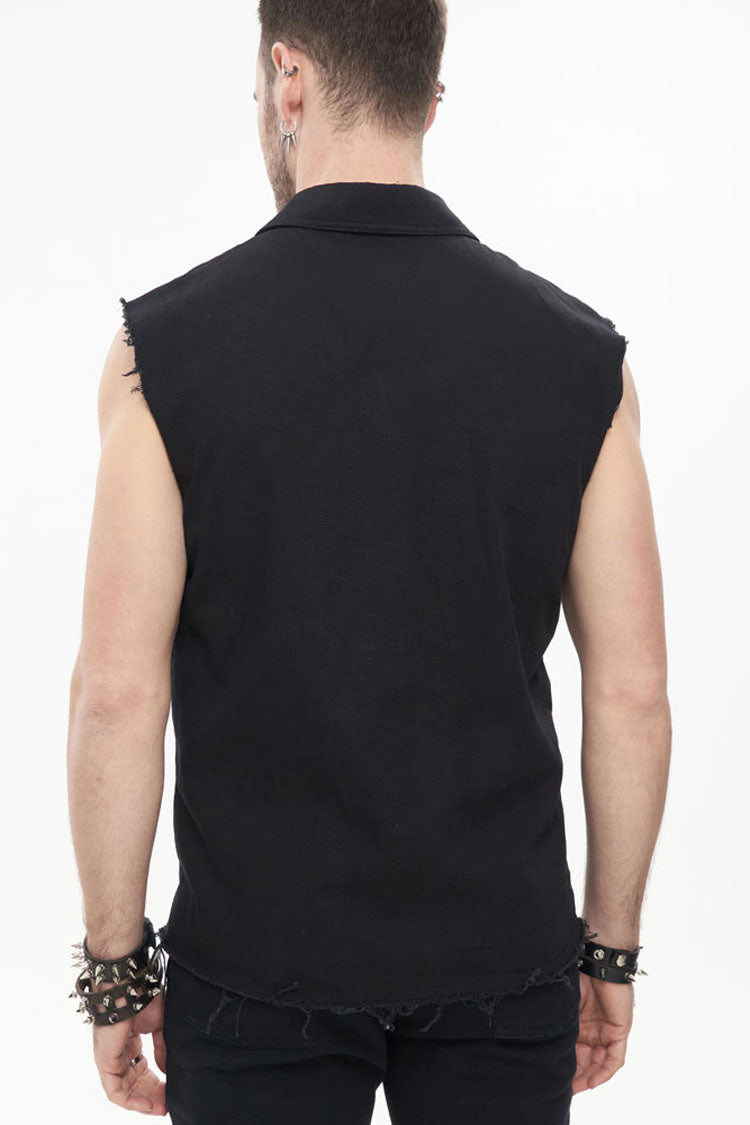 Black Punk Simple Everyday Stand Collar Print Sleeveless Men's Shirt