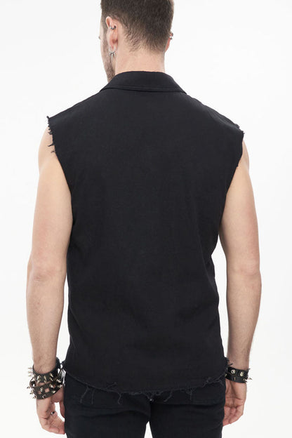 Black Punk Simple Everyday Stand Collar Print Sleeveless Men's Shirt