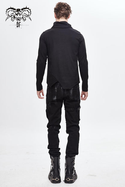 Black Worn Out Cross Shaped Hasp High Collar Asymmetric Hem Men's Punk T-Shirt