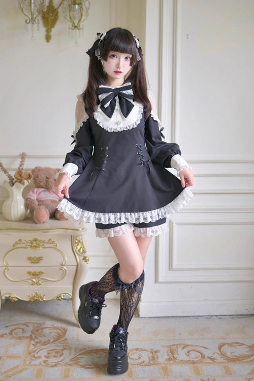 Black/White [Divine love] Long Sleeves Hollow Bowknot Lace Lace-Up Sweet Jirai Kei Dress Shorts Set