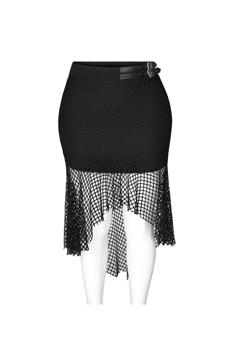 Black Side Leather Clasp Splice Rough Mesh Irregular Hem Plus Size Knit Women's Punk Fishtail Skirt
