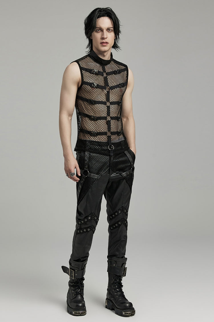 Black Stand Collar Sleeveless Straps Mesh Buckle Men's Punk Vest