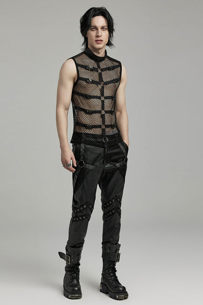 Black Stand Collar Sleeveless Straps Mesh Buckle Men's Punk Vest
