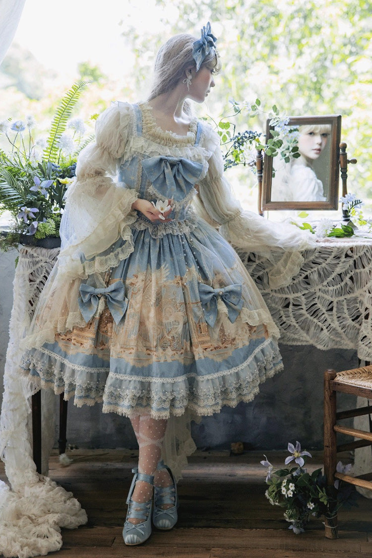 Blue [Unicorn] Print Sleeveless Multi-Layered Embroidery Bowknot Lace Sweet Lolita Jsk Dress