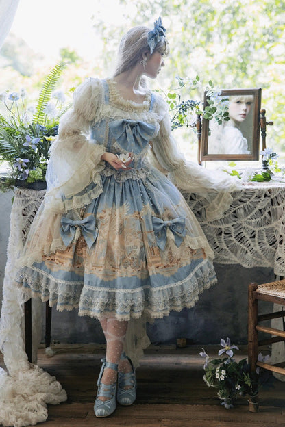 Blue [Unicorn] Print Sleeveless Multi-Layered Embroidery Bowknot Lace Sweet Lolita Jsk Dress