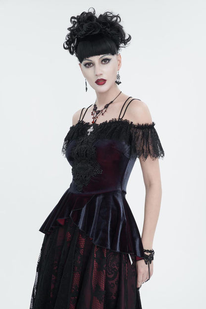 Red Stretch Velvet Eyelash Lace Short-Sleeved One-Shoulder Women's Gothic Strap T-Shirt