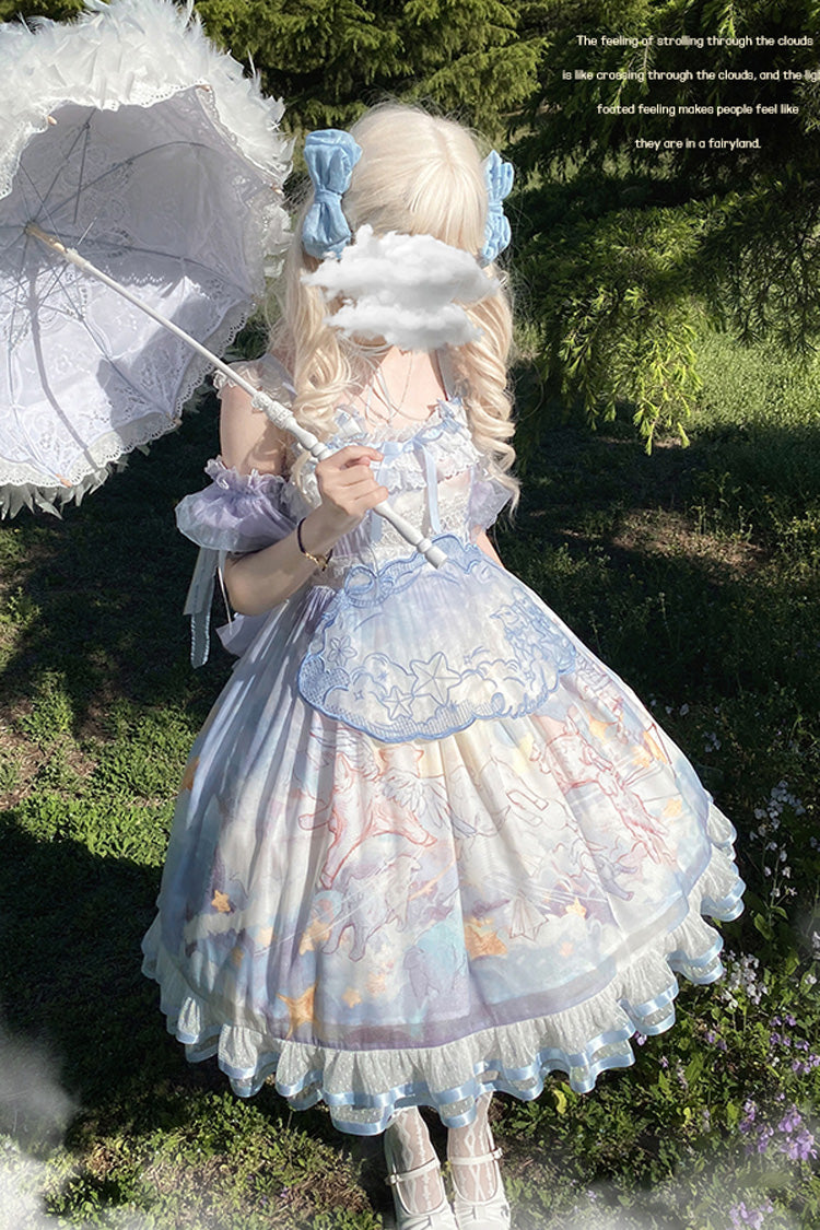 Blue [Walking In The Clouds] Print Ruffle Bowknot Lace Sweet Lolita Jsk Dress Full Set