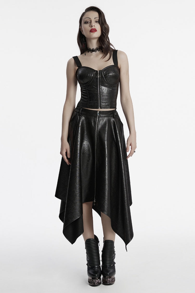 Black Sleeveless Faux Leather Stitching Zipper Women's Punk Vest
