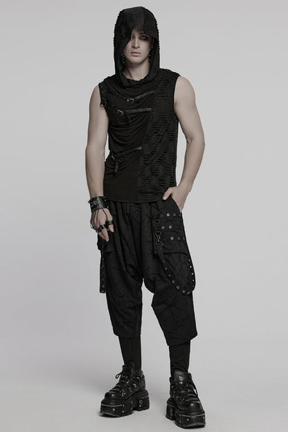 Black Sleeveless Hooded Ripped Ruched Men's Punk Vest