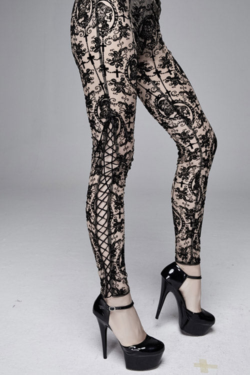 Brown Flocking Printing Mesh Side Lace Up Leggings Womens Pants
