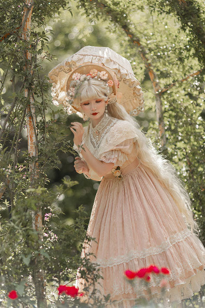 Elegant Vintage Rose Print Multi-Layer Ruffled Sweet Lolita OP Dress