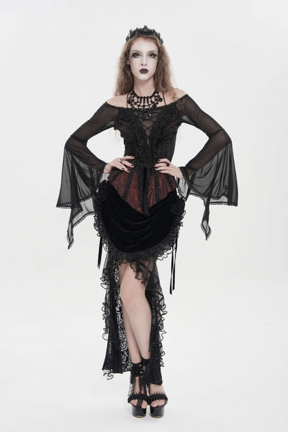 Black/Red Off Shoulder Long Trumpet Sleeves Ruffled Embroidered Lace-Up Women's Gothic Blouse