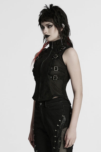 Black Stand Collar Stitching Mesh Buckle Women's Punk Vest
