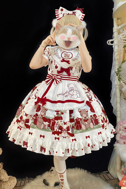 Red/White Short Sleeves Strawberry Bear Print Ruffle Bowknot Sweet Plus Size Lolita Dress