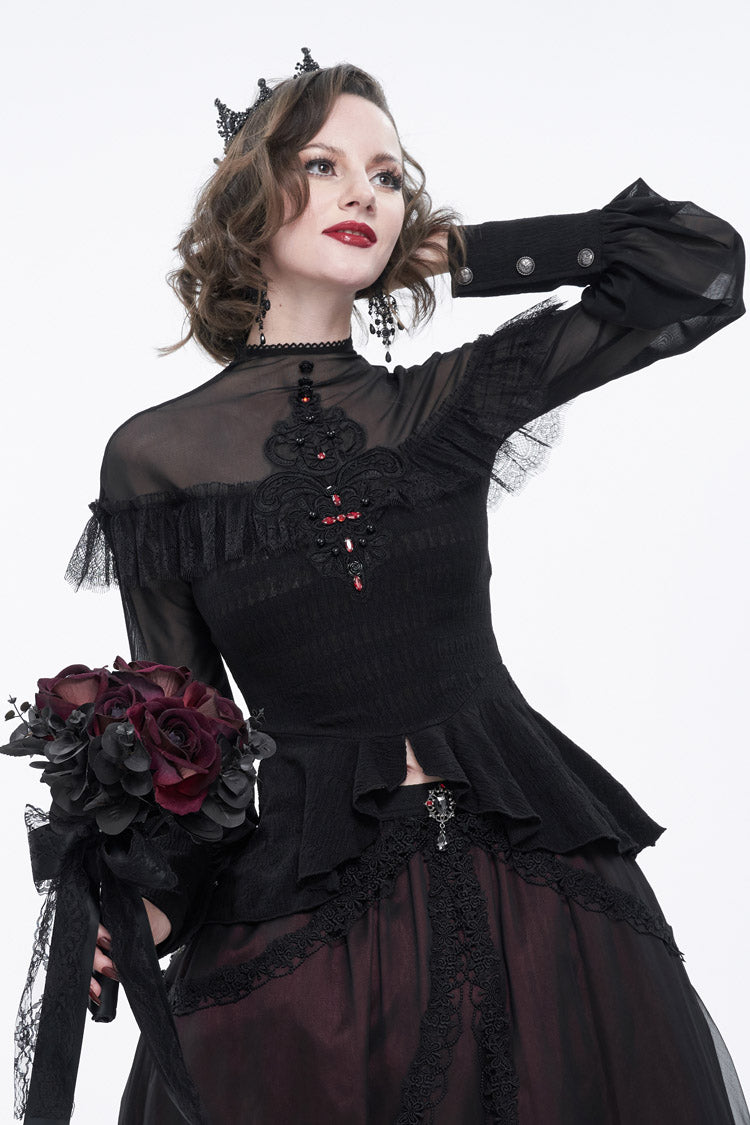 Black Retro Perspective Sexy Turtleneck Lace Panel Mesh Lantern Sleeve Women's Gothic T-Shirt