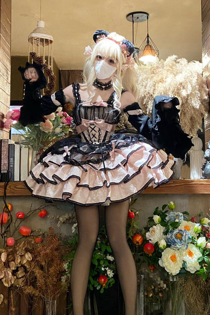 Black/Pink Sleeveless Multi-layer Ruffle Bowknot Lace-Up Gothic Princess Lolita Jsk Dress