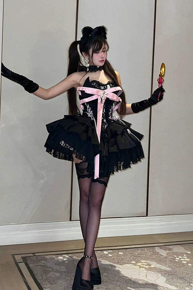 Black [Kitten Sweetheart] Multi-Layered Ruffled Bow Lace-Up Princess Ballet Gothic Lolita Jsk Dress