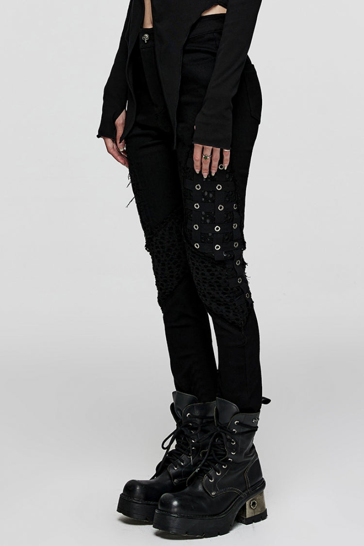 Black Stitching Slim Mesh Metal Eyelet Decoration Women's Steampunk Pants