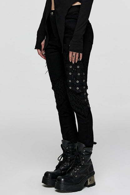 Black Stitching Slim Mesh Metal Eyelet Decoration Women's Steampunk Pants