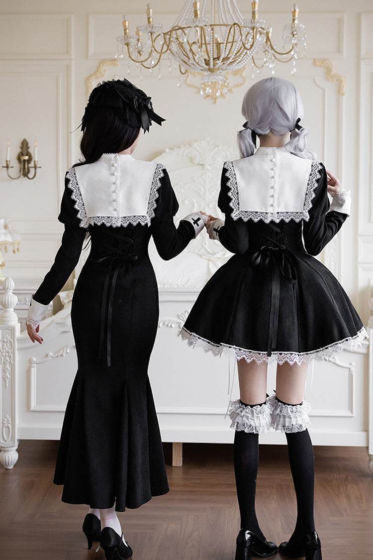 Black/White [Rose Doll] Square Collar Long Sleeves Bowknot Lace-Up Gothic Lolita Dress Set 2 Versions