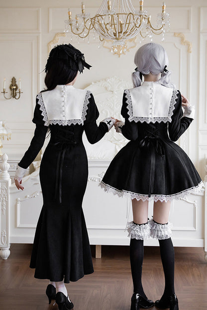 Black/White [Rose Doll] Square Collar Long Sleeves Bowknot Lace-Up Gothic Lolita Dress Set 2 Versions