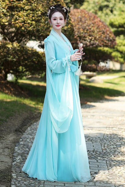 Blue Long Sleeves Print Embroidery Women's Sweet Classic Hanfu Dress Full Set