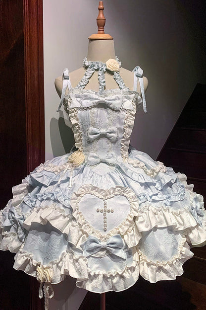 Blue [Heart of Butterfly] Halterneck Sleeveless Multi-Layered Ruffle Embroidery Princess Ballet Lolita Jsk Dress Set
