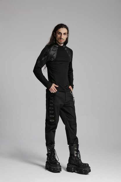 Black Round Collar Long Sleeves Mesh Pleated Loop Men's Punk Blouse