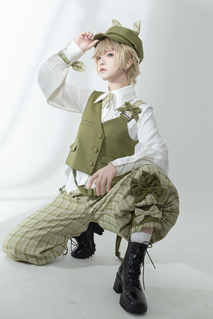 Matcha Green Plaid Pants Secret Morning Post Series Cute and Handsome Ouji Lolita Vest