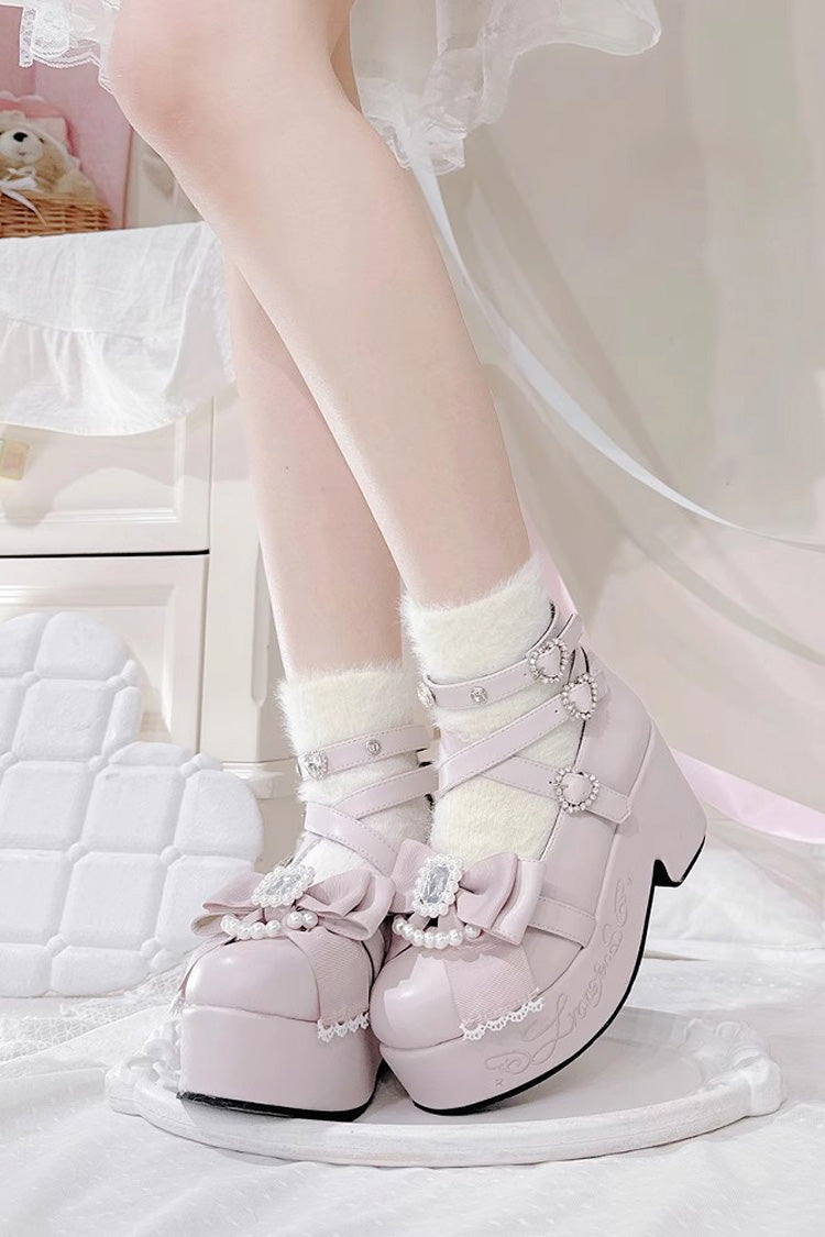 [Declaration Of First Love] Embroidery Bowknot Sweet Jirai Kei Japanese Platforms Shoes 4 Colors