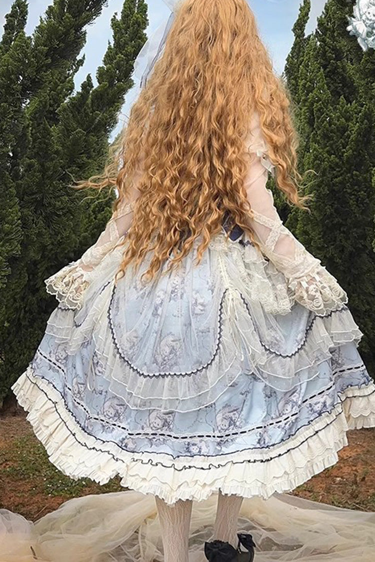 Blue [Swing Cat] Print Ruffle Bowknot Lace Sweet Elegant Lolita Jsk Dress