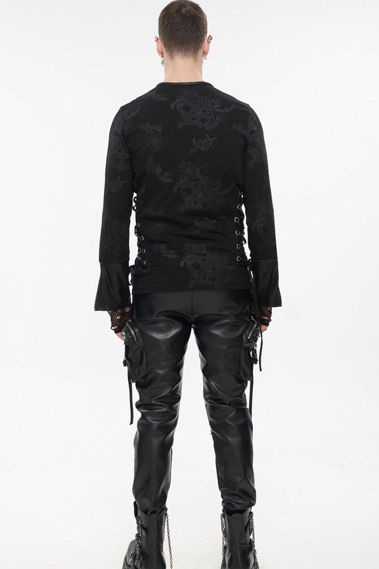 Black Punk Long Sleeve Knit Broken Holes Spider Web Print Crew Neck Men's Shirt