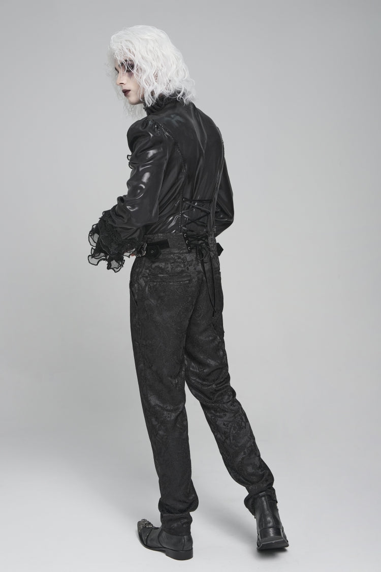 Black Stand Collar Long Puff Sleeves Embroidery Stitching Lace Men's Gothic Blouse