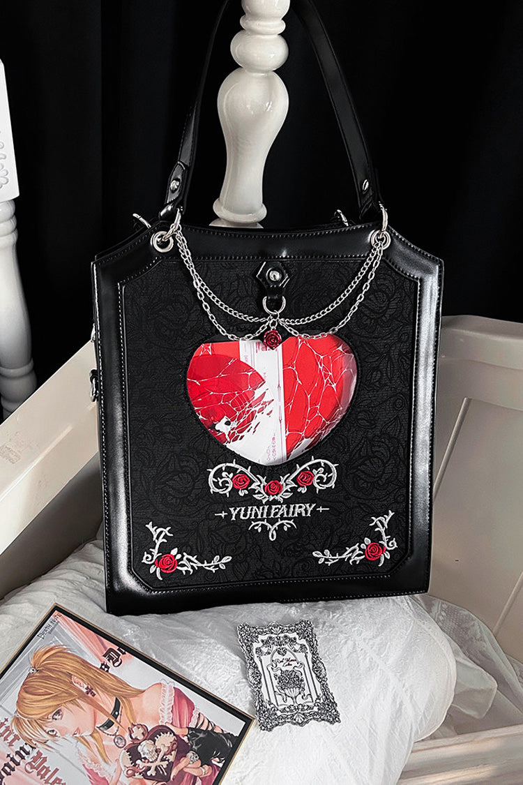 Black [Rose Thorns] Cut-Out Embroidered Chain-Decorated Gothic Lolita Itabag