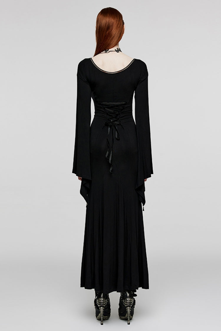 Black V Collar Long Sleeves Floral Embroidery Women's Gothic Dress
