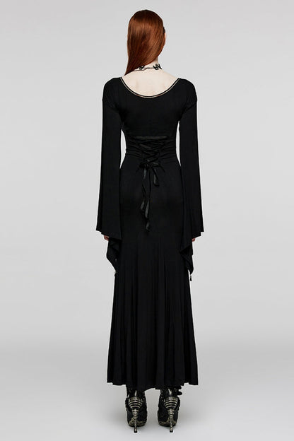 Black V Collar Long Sleeves Floral Embroidery Women's Gothic Dress