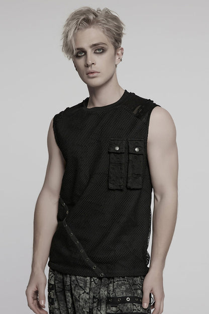 Black Round Collar Sleeveless Stitching Mesh Ripped Men's Punk Vest