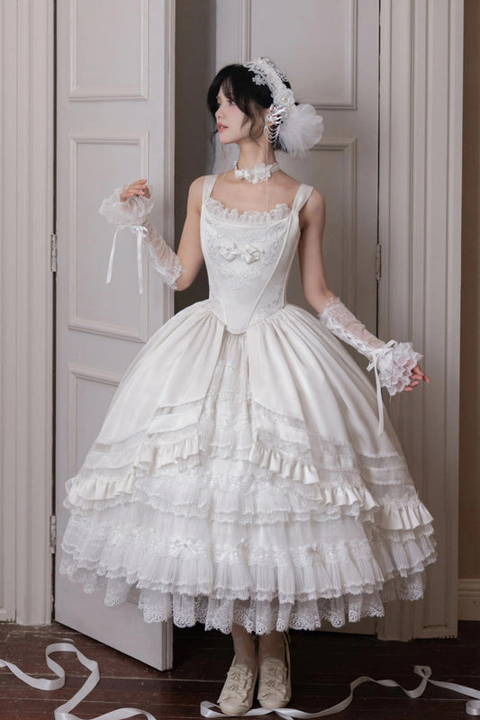 White [Promise of the Rose] Multi-Layered Ruffled Hanayome Open-Front Bow Sweet Gorgeous Lolita Jsk Dress Set