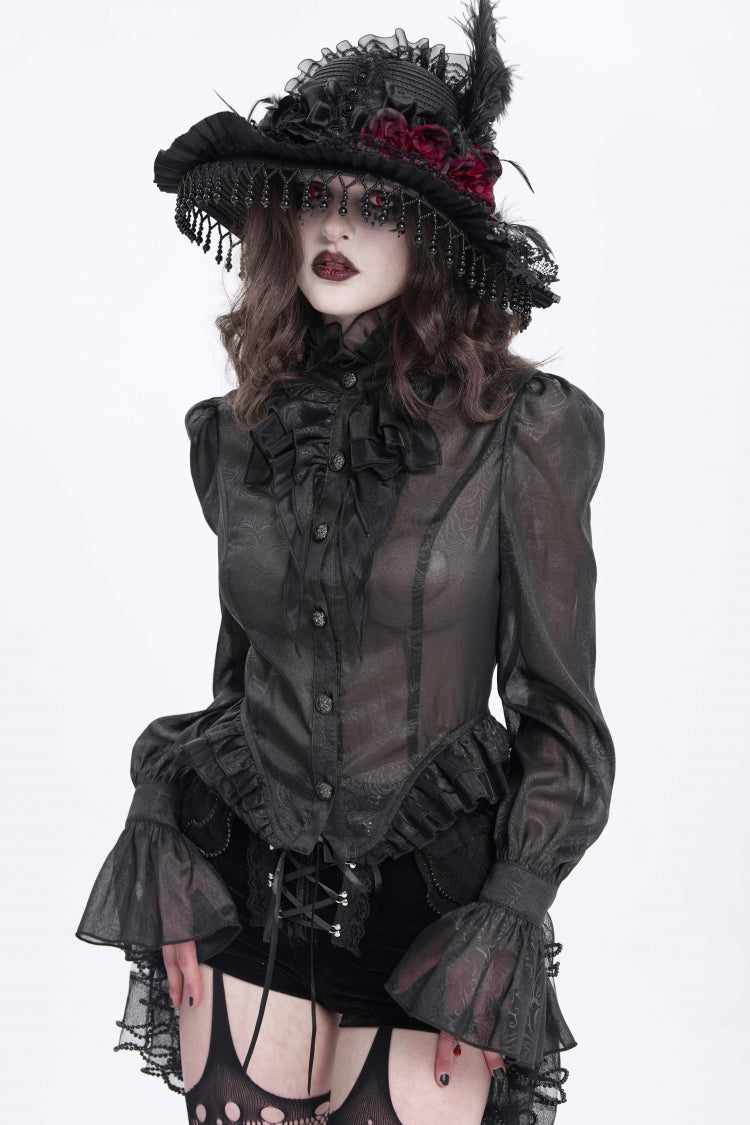 Black Stand Collar Ruffle Sheer Women's Swallow-tailed Gothic Blouse