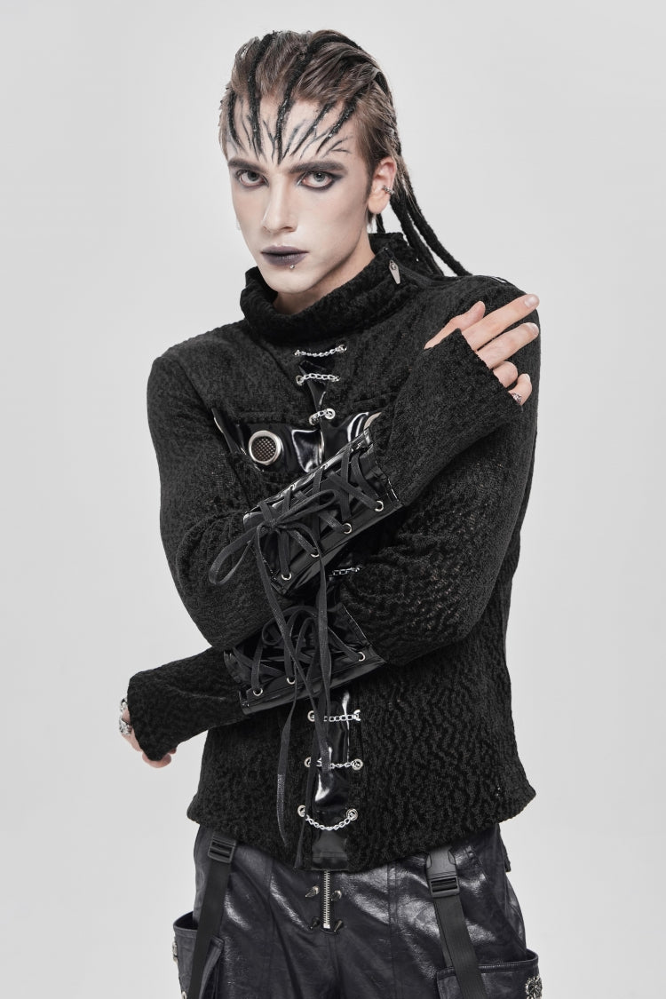 Black Stand Collar Long Sleeves Faux Leather Stitching Chain Eyelet Men's Punk Blouse