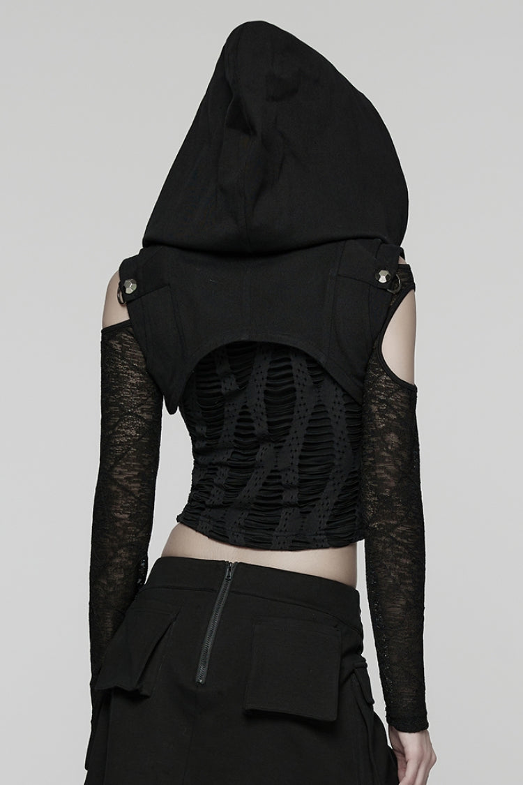 Black Stand Collar Sleeveless Hooded Zipper Pleated Women's Punk Short Vest