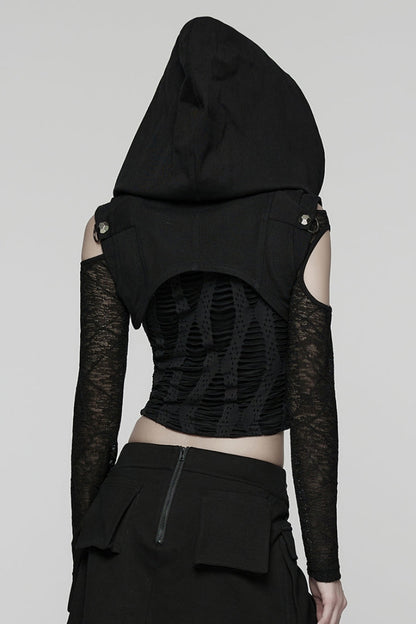 Black Stand Collar Sleeveless Hooded Zipper Pleated Women's Punk Short Vest