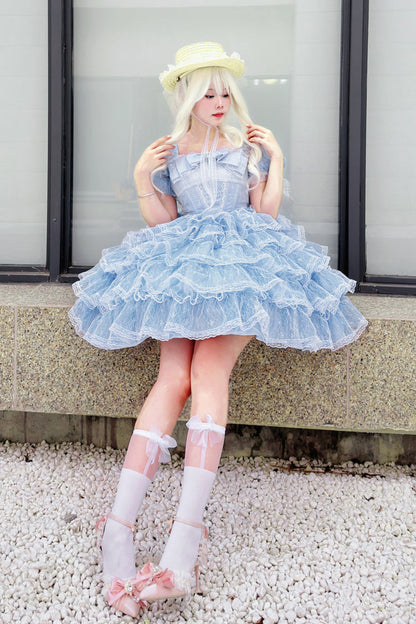Blue Short Sleeves Multi-Layered Ruffle Hanayome Bowknot Lace Plus Size Sweet Lolita Dress