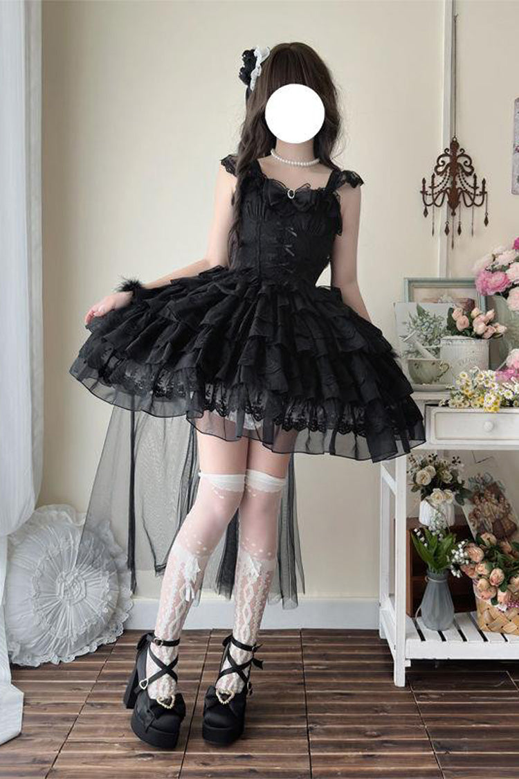 Black [From Broken Wings to Rebirth] Sleeveless Multi-Layered Ruffle Bowknot Lace-Up Gothic Ballet Lolita Jsk Dress