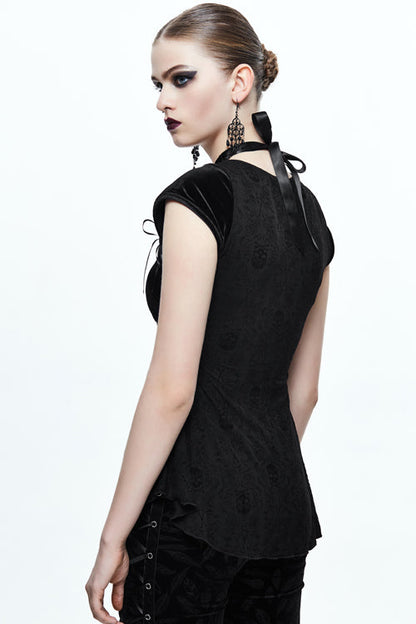 Black Sexy Halter Skull Pattern Velvet Womens Gothic T-Shirt