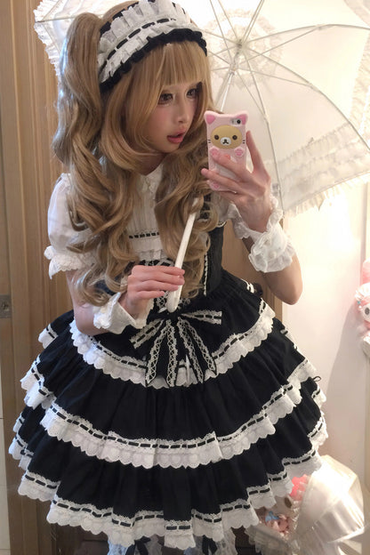 Black [Maiden Heart] Triple-Layered Ruffle Bowknot Lace Sweet Lolita Jsk Dress
