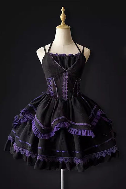 Black/Purple Seine River Multi-layer Ruffle Ballet Style Gothic Lolita Jsk Dress