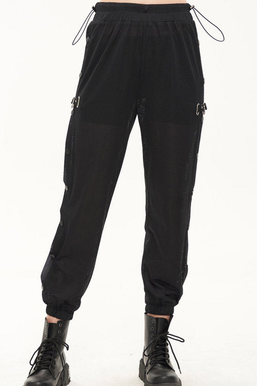 Black Punk Sports Style Metal Five-Star Decoration Trouser Leg Button Detachable Women's Long Pants